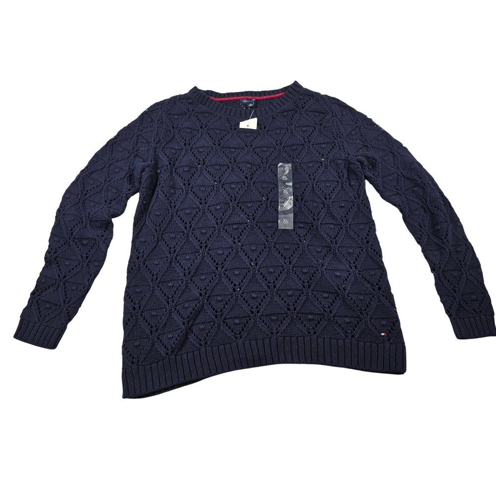 Tommy Hilfiger Sweater Women XL Navy Blue New Geometric Diamond Cotton Knit